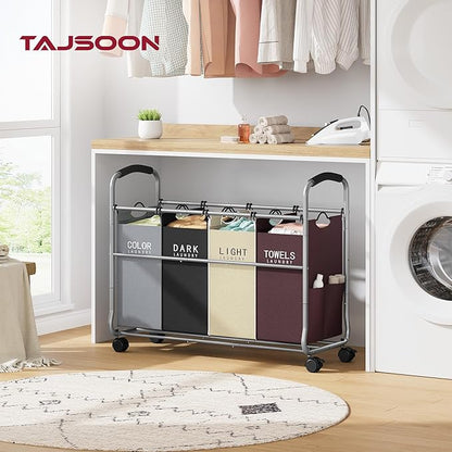 Tajsoon Laundry Sorter 4 Sections, Laundry Separator Hamper with Heavy Duty Lockable Rolling Wheels, Laundry Divider with Removable Bags for Dirty Clothes Storage, 4 Colors