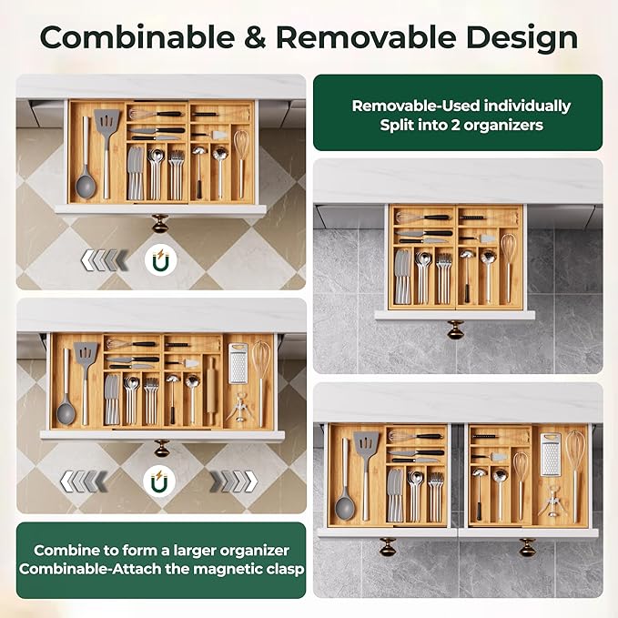 Large Silverware Organizer, 12 Slots Magnetic Connected Expandable Bamboo Utensil Drawer Organizer From 21 to 37.4 Inches, Adjustable Flatware and Cutlery Holder, Utensil Tray for Kitchen Natural