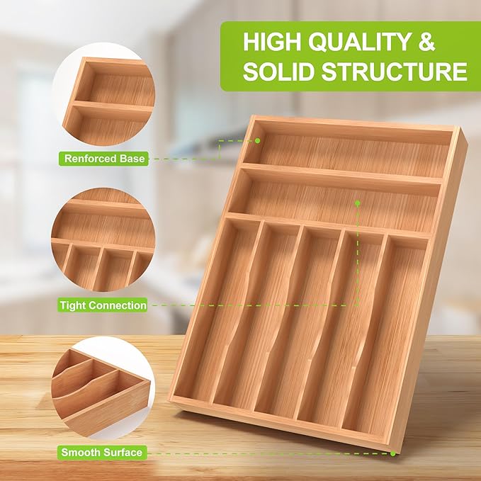 Unibambou Bamboo Utensil Drawer Organizer, Silverware Tray Organizer, Kitchen Drawer Organizer for Flatware Cutlery, Silverware Tray for Drawer (Natural, Large 16.5x12 Inch)