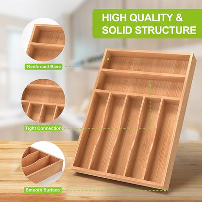 Unibambou Bamboo Utensil Drawer Organizer, Silverware Tray Organizer, Kitchen Drawer Organizer for Flatware Cutlery, Silverware Tray for Drawer (Natural, Large 16.5x12 Inch)