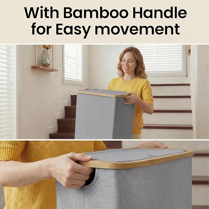efluky Laundry Basket with Lid and Removable Bag, 100L Tall Laundry Hamper with Bamboo Handles, Aesthetic Dirty Clothes Bin for Laundry Room, Bathroom, Bedroom and Dorm, Silver Grey