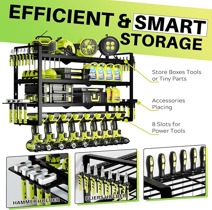Hipidian Fathers Day Best Gifts for Daddy, Heavy Duty Power Tool Organizer Wall Mount- 400lb Capacity 4-Tier Storage Rack with 8 Drill Holders for Garage Tools, Birthday Gifts for Men Dad Husband