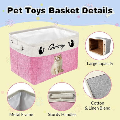 Personalized Dog Cat Toy Storage Basket with Pet's Name Custom Foldable Storage Box with Handles for Blankets Pet Stuff, Toys, Clothes