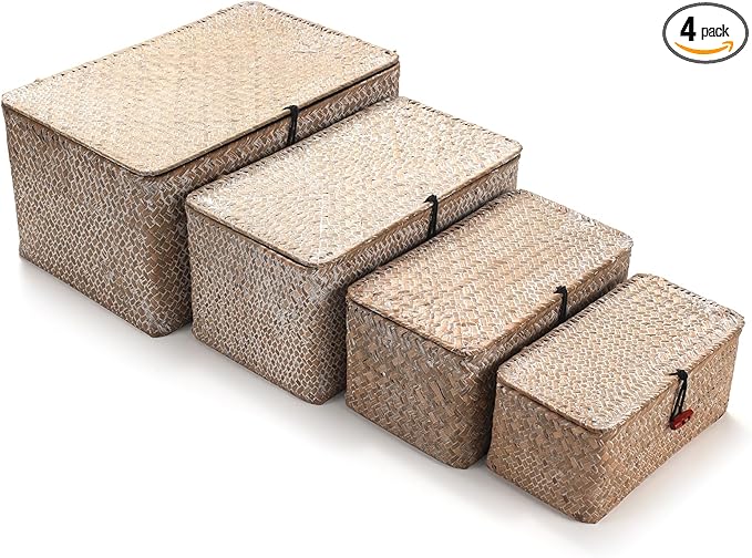 4 Pack, Wicker Baskets with Lids, Nautral Seagrass Storage Baskets, Woven Rectangular Basket Bins, Rattan Storage Organizer for Shelf (Whitewashed, Set of 4)
