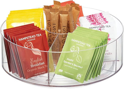 iDesign Cabinet Binz Divided Rotating Turntable Tea Packet Organizer, 9" x 9" x 3.01", Clear
