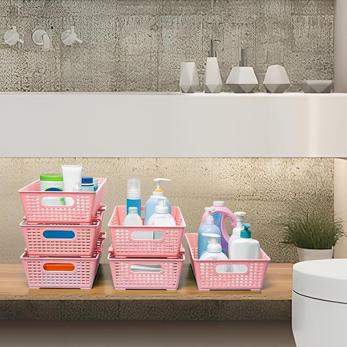Tiawudi Stackable Woven Plastic Basket, Storage Bins for Cabinet, Closet, Shelf, Under Sink and Countertop, Pantry Organizer Bins, 6 Pack
