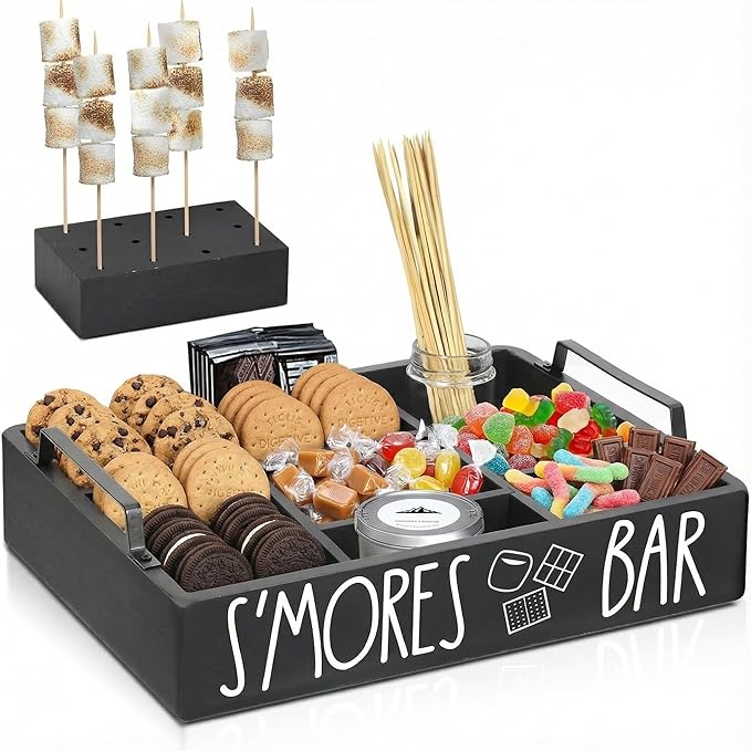 Wooden S'mores Bar Station, Smores Caddy Holder with Handles for Counter, Farmhouse S'mores Serving Tray for Kitchen, S’mores Maker Box for Smores Kit Camping Decor, Smores Accessories Organizer