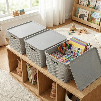 BINO | Plastic Storage Baskets with Lids, 45 Liter - 3 Pack, Natural Grey | THE WOVEN COLLECTION | Storage Basket for Shelves | Woven Storage Baskets for Organizing Bins | Pantry Shelf Organizer Bin