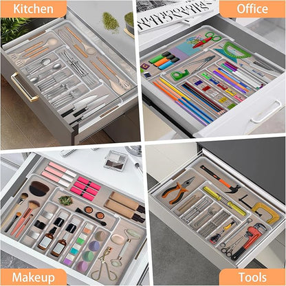 Spaclear Large Silverware Drawer Organizer Expandable Kitchen Utensil Organizer BPA Free Flatware Cutlery Holder Tray Adjustable Plastic Drawer Divider Storage for Forks Knives 6-9 Slots White