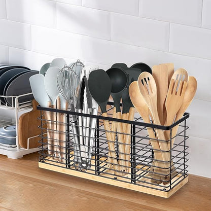 Suli Extra Large Kitchen Utensil Holder Countertop with 4 Compartments,Matte Black Metal holder with Wooden Base for Countertop,Farmhouse Utensil Organizer for counter,Rustic Cooking Utensil Organizer