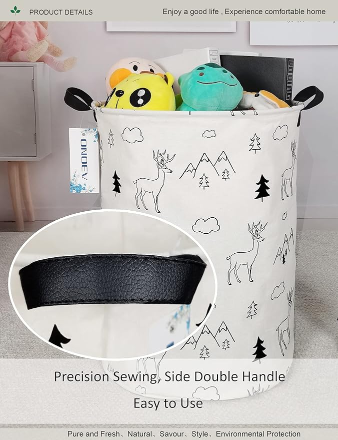 Round Woodland Deer Laundry Basket, Collapsible Laundry Hamper for Kids, Cute Mountain Forest Storage Bin, Waterproof Toy Storage for Nursery, Bedroom, Playroom, New Parent Gift(Forest deer)