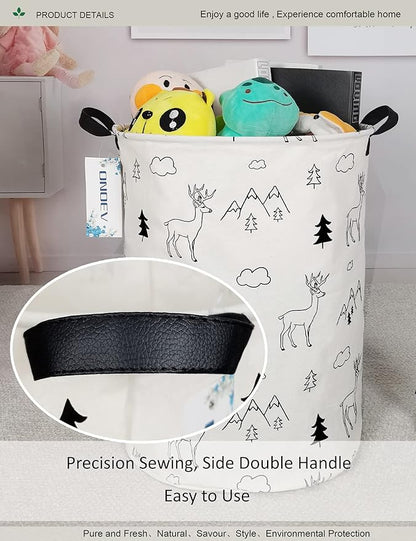 Round Woodland Deer Laundry Basket, Collapsible Laundry Hamper for Kids, Cute Mountain Forest Storage Bin, Waterproof Toy Storage for Nursery, Bedroom, Playroom, New Parent Gift(Forest deer)