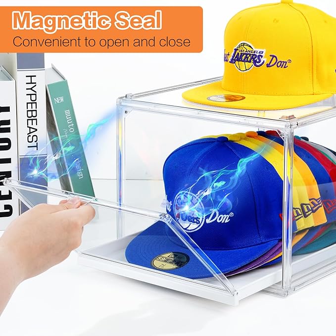 Hat Organizer Box for Baseball Cap, Stackable Hats Storage Container with Sliding Tray Drawer, Large Caps Display Case with Magnetic Door for Closet 16-20 Hats 2Pack Clear