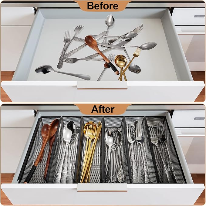 Chumia 10 Pack Silverware Drawer Organizer 9 x 3 x 2 Inch Mesh Utensil Organizer for Kitchen Drawers with Interlocking Arm for Flatware Knives Spoons Fork Cosmetic Utensil Tabletop Storage Tray