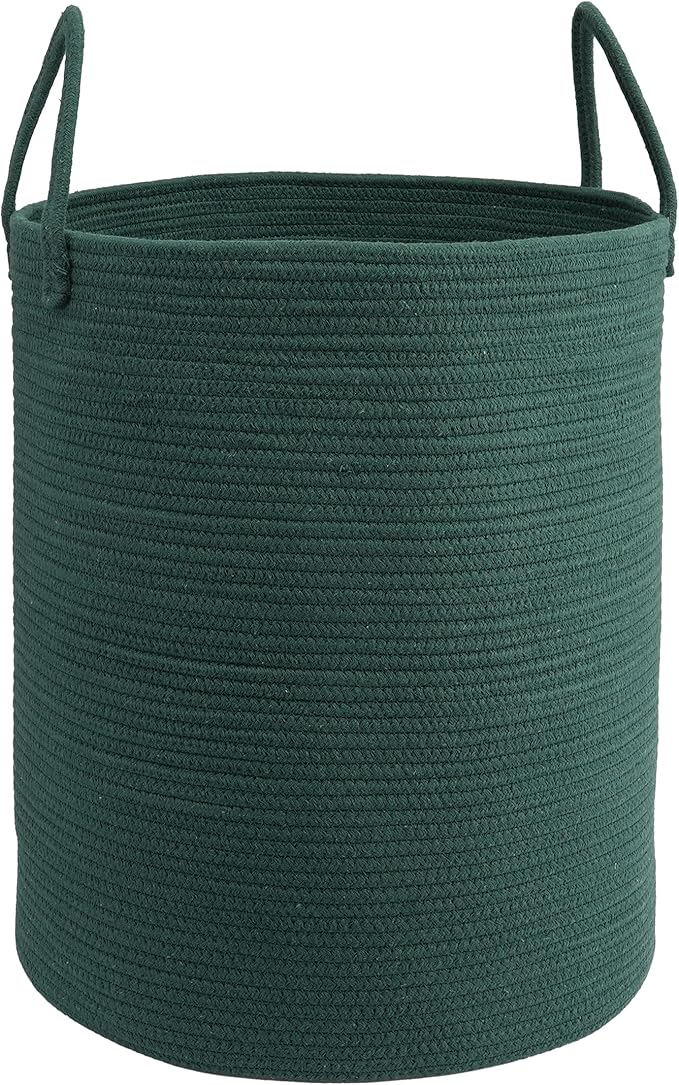 Woven Cotton Rope Laundry basket-15”X20” Laundry Hamper-Rope Storage Basket for Dirty Clothes, Toys and Blankets Perfect for Bathroom, Baby nursery and Living Room Storage (dark green)
