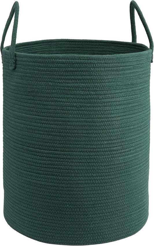 Woven Cotton Rope Laundry basket-15”X20” Laundry Hamper-Rope Storage Basket for Dirty Clothes, Toys and Blankets Perfect for Bathroom, Baby nursery and Living Room Storage (dark green)