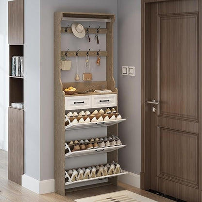 Vibe & Dine Shoe Cabinet, Entryway Shoe Storage Cabinet with 3 Flip Doors and 2 Drawers, 2-in-1 Wooden Shoe Rack Organizer with Coat Hooks for Hallway Cloakroom, Oak Color