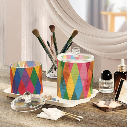 2 Pack Qtip Dispenser Apothecary Jars with Lids Cotton Round Holder Bathroom Canisters for Cotton Swab Floss Ball Pads Clear Plastic Decorative Colorful Argyle