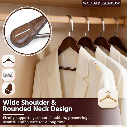 Luxury Wide Shoulder Wooden Coat Hangers with Anti Slip Pants Bar, Solid Wood Thick Jacket Hangers Smooth Finish for Sweater Dress Pants Sport Coats (Dark Brown, 6 Pack)