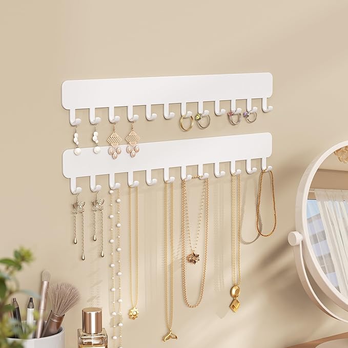 Wall-Mounted Jewelry Organizer, Self-Adhesive Hanging Holder with Hooks for Necklaces, Bracelets, Earrings - Display Storage for Women, 2PCS,White