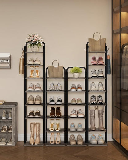 Hzuaneri 8 Tiers Vertical Shoe Rack, Narrow Shoe Tower, Tall Shoes Shelf with 2 Hooks, Adjustable Shelves, Corner Shoes Shelves for Small Spaces, Entryway, Living Room, Greige SR04305B