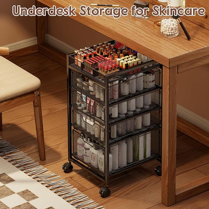 5-Tier Rolling Makeup Cart Organizer with 4 Drawers, Cosmetics Display with Dividers, Floor Skincare Storage with Wheels, Versatile Vanity Organizer for Nail Polish Perfume Brush Hair Tool, Black