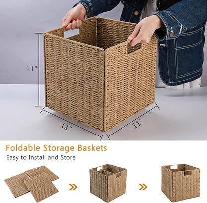 Vagusicc Wicker Storage Basket, Set of 2 Hand-Woven Wicker Basket, 11 inch Storage Baskets for Organizing and Decor, Foldable Cube Storage Organizer Bins Baskets for Shelves, Woven Basket, Natural