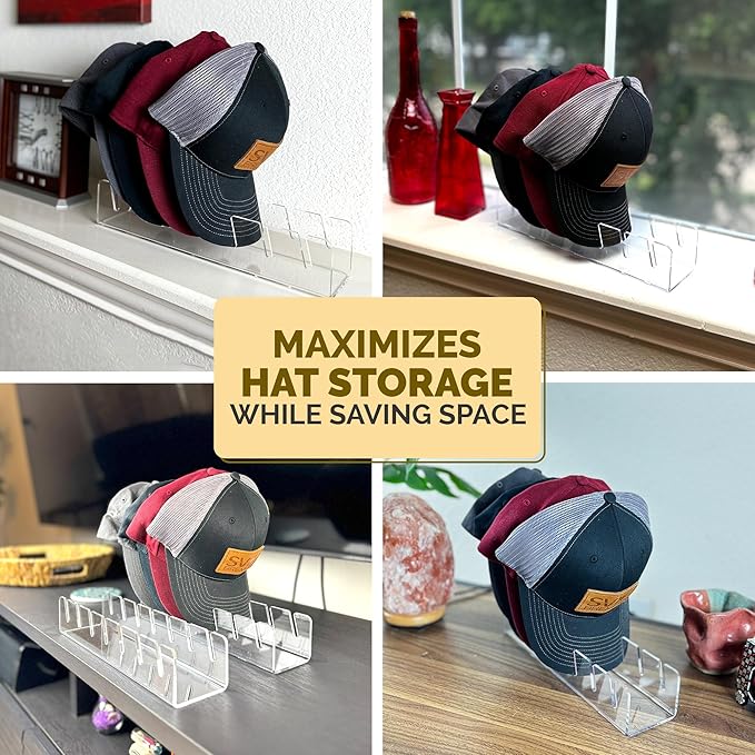 iNNOVANT Baseball Cap Stand, 2 Pcs Acrylic Hat Organizer for 14 Baseball Caps, Hat Racks for caps Display and Organizer for Bedroom, Closet, Dresser, Office (Clear x 2)