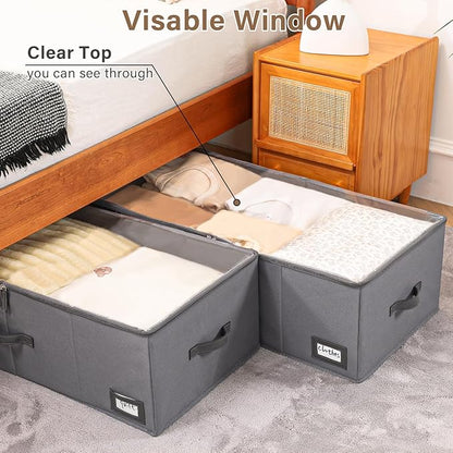 Freebat 10" High Under Bed Storage Containers, Underbed Container with Clear Lid Cover & Label Holder, Storage Bag Box with Visiable Window for Clothes, Bedsheet, Pillow, 2 Pack(Gray)