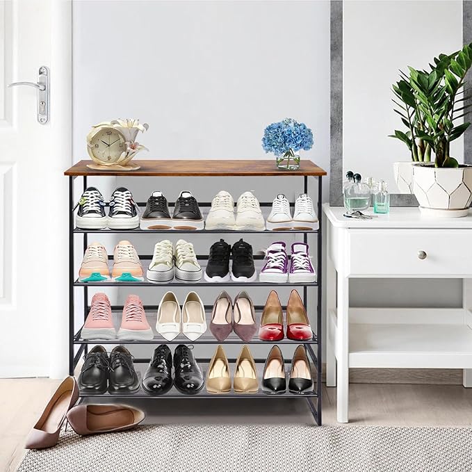 Garden 4 you Shoe Rack for Entryway 5 Tiers 11.8" D x 29" W x 36.5" H, Metal Shoe Rocks with Brown Wooden Tabletop, Angled Shoes Rack with Adjustable Mesh Shelves for Entryway Hallway Closet