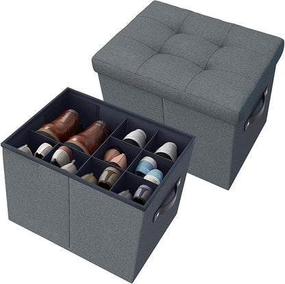 2 Pack Storage Ottoman Shoe Organizer for Closet - Adjustable Dividers Storage Box for Shoes | Clothes | Toy | Blanket, Foldable Foot Stool Small Bench Shoe Cabinet for Living Room & Bedroom