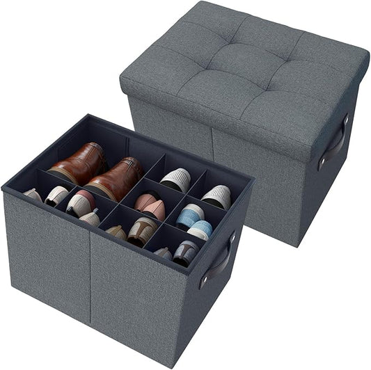 2 Pack Storage Ottoman Shoe Organizer for Closet - Adjustable Dividers Storage Box for Shoes | Clothes | Toy | Blanket, Foldable Foot Stool Small Bench Shoe Cabinet for Living Room & Bedroom