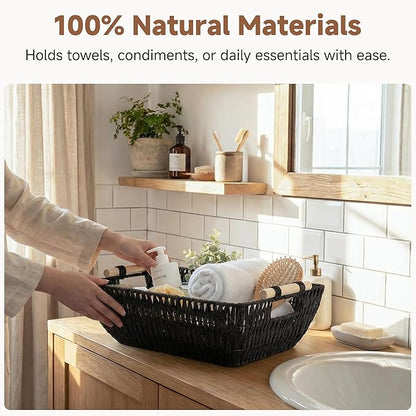 StorageWorks Large Wicker Storage Basket for Organizing, Toilet Paper Baskets for Shelf, Paper Rope Storage Baskets with Wooden Handles, Black, 2-Pack