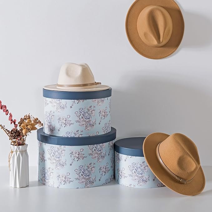 Soul & Lane Cardboard Hat Boxes with Lids – Set of 3 Vintage Storage for Women, Large Round Gift Case for Cowboy or Fedora Hats, Sturdy Paperboard Keepsakes Organizer, Victorian Floral