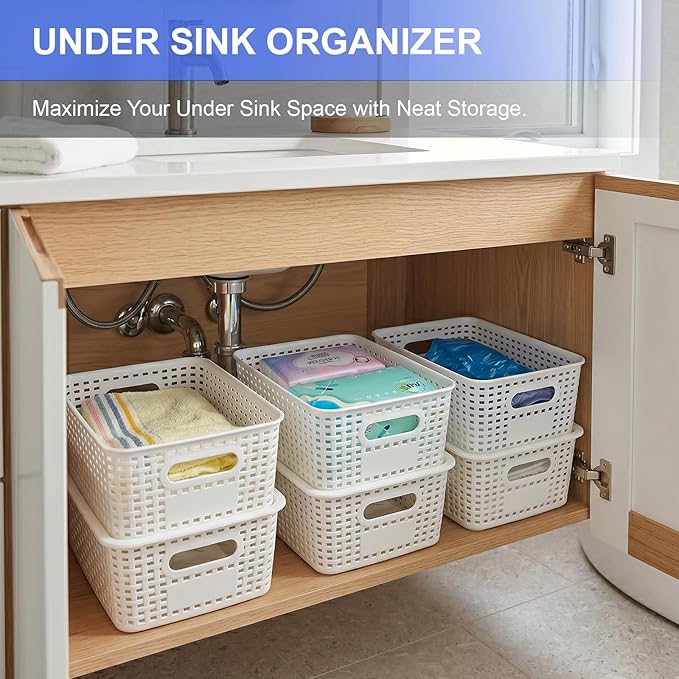 8 Pack Small Plastic Storage Baskets with Lids, Plastic Storage Baskets for Organizing, Stackable Organizer Baskets, Small Storage Bins for Shelves,Closet,Craft Room,Playroom,Classroom,Office, White