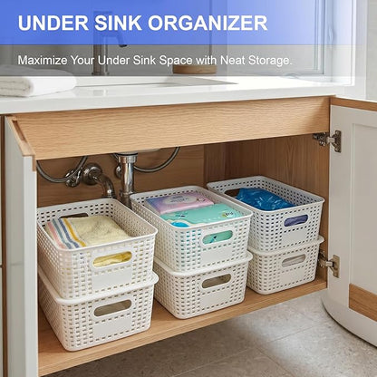 6 Pack Small Plastic Storage Baskets with Lids, Plastic Storage Baskets for Organizing, Stackable Organizer Baskets, Small Storage Bins for Shelves,Closet,Craft Room,Playroom,Classroom,Office, White