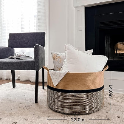 CHICVITA XXL Extra Large Cotton Rope Woven Basket, Throw Blanket Storage Basket with Handles, Decorative Clothes Hamper - 22" x 22" x 14", Brown&Black