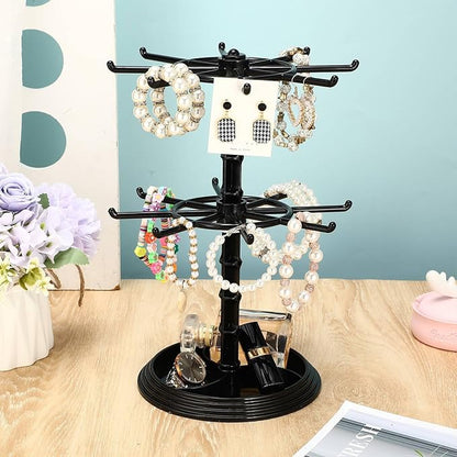 2 Pack Keychain Display Stand Rotating Jewelry 2 Tier Necklace Holder Plastic Spinning Bracelet Hanging Organizer Rotating Rack Earring Bracelet Stands for Vendors Malls Counter Dressing Table