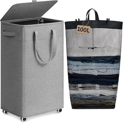Goodpick Laundry Basket with Wheels and Lid, 100L Collapsible Basket with Removable Wash Bag, Extra Large Rolling Laundry Hamper for Dirty Clothes Blankets, Light Grey, 17.2" x 13.2" x 32"