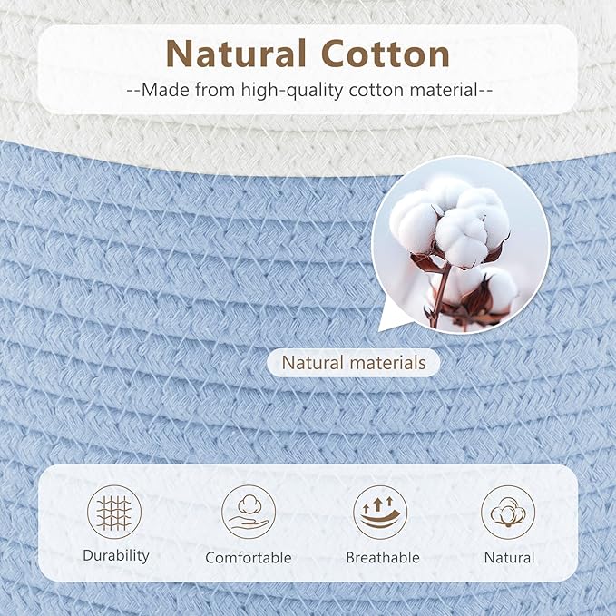 ECDYQXVU Cotton Rope Storage Basket, 15x10x9 Inches, Woven Basket for Shelves, Clothes, Towels, Books, and Laundry, White Blue (3 Pack)