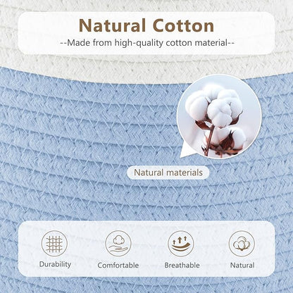 ECDYQXVU Cotton Rope Storage Basket, 15x10x9 Inches, Woven Basket for Shelves, Clothes, Towels, Books, and Laundry, White Blue (3 Pack)