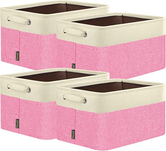BALEINE 4 Pack Fabric Closet Storage Bins for Shelves, Linen Closet Organizers and Storage, Decorative Baskets for Organizing, Shelf, Clothes, Home, Office (Pink, 15''x11''x9.5'')