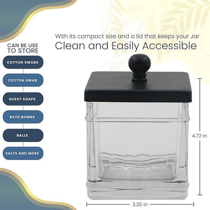 Clear Transparent Hotel Style Apothecary Tempered Glass Canister Jar W/ Matte Black Metal Lid Cover, Classic Countertop Organizer for Cotton balls/pads, Floss Picks, Makeup Storage