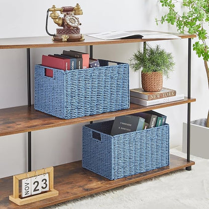 Vagusicc Wicker Storage Basket, Set of 2 Hand-Woven Paper Rope Wicker Basket, Large Storage Baskets for Organizing Toilet Paper, Foldable Cube Storage Organizer Bins for Shelves (Blue)