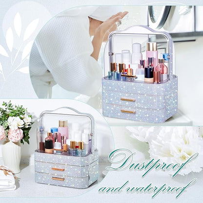 Honeydak Bling Makeup Organizer for Mothers Day Nurses Day Birthday Gifts Rhinestone Cosmetic Display Cases with Transparent Cover, Skincare Perfume Organizer for Countertop, Desk(Silver,Rhinestone)