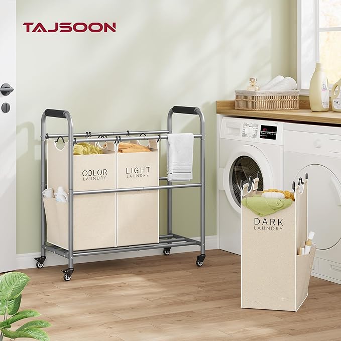Tajsoon 3 Bag Laundry Sorter Cart, Laundry Hamper Sorter Basket with Heavy Duty Lockable Rolling Wheels for Clothes Storage, Beige