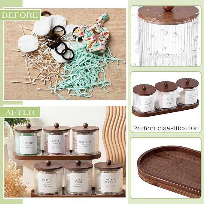 Vesici 6 Pack Bathroom Canisters Ribbed Apothecary Jars with Bamboo Lids 2 Bamboo Trays and 9 Label Stickers Cotton Swabs Holder Bathroom Organizer Storage Set Acrylic 18 oz Dispenser Container(Brown)