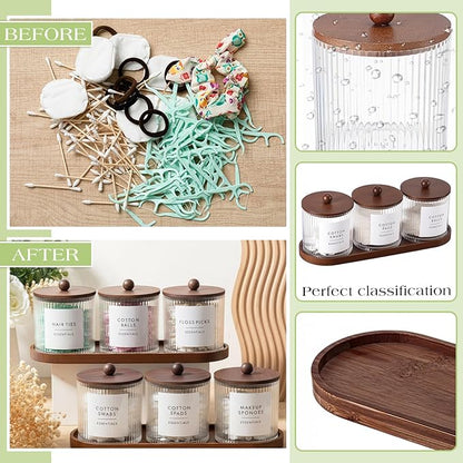 Vesici 6 Pack Bathroom Canisters Ribbed Apothecary Jars with Bamboo Lids 2 Bamboo Trays and 9 Label Stickers Cotton Swabs Holder Bathroom Organizer Storage Set Acrylic 18 oz Dispenser Container(Brown)