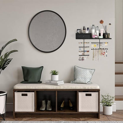 VINAEMO Jewelry Organizer Hanging Wall Mounted Jewelry Holder with Rustic Wood Drawer & Large Capacity Storage Shelf Rack Display for Earrings Rings Necklaces Bracelet(Black)