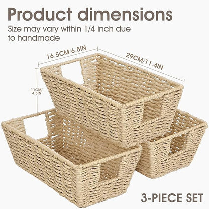 Paper Rope Storage Baskets for Shelves Organizing, Small Hand Woven Wicker Organizer Basket with Handle for Bathroom Toilet Paper Storage, Beige, 3-Pack
